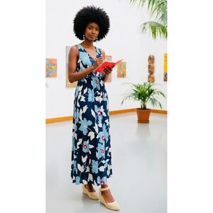 Japna Womens Floral Maxi Dress Blue Tropical Rayon Smocked Racerback Large